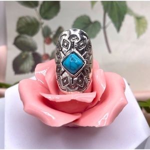 Silver turquoise Aztec Engraved Boho Ring